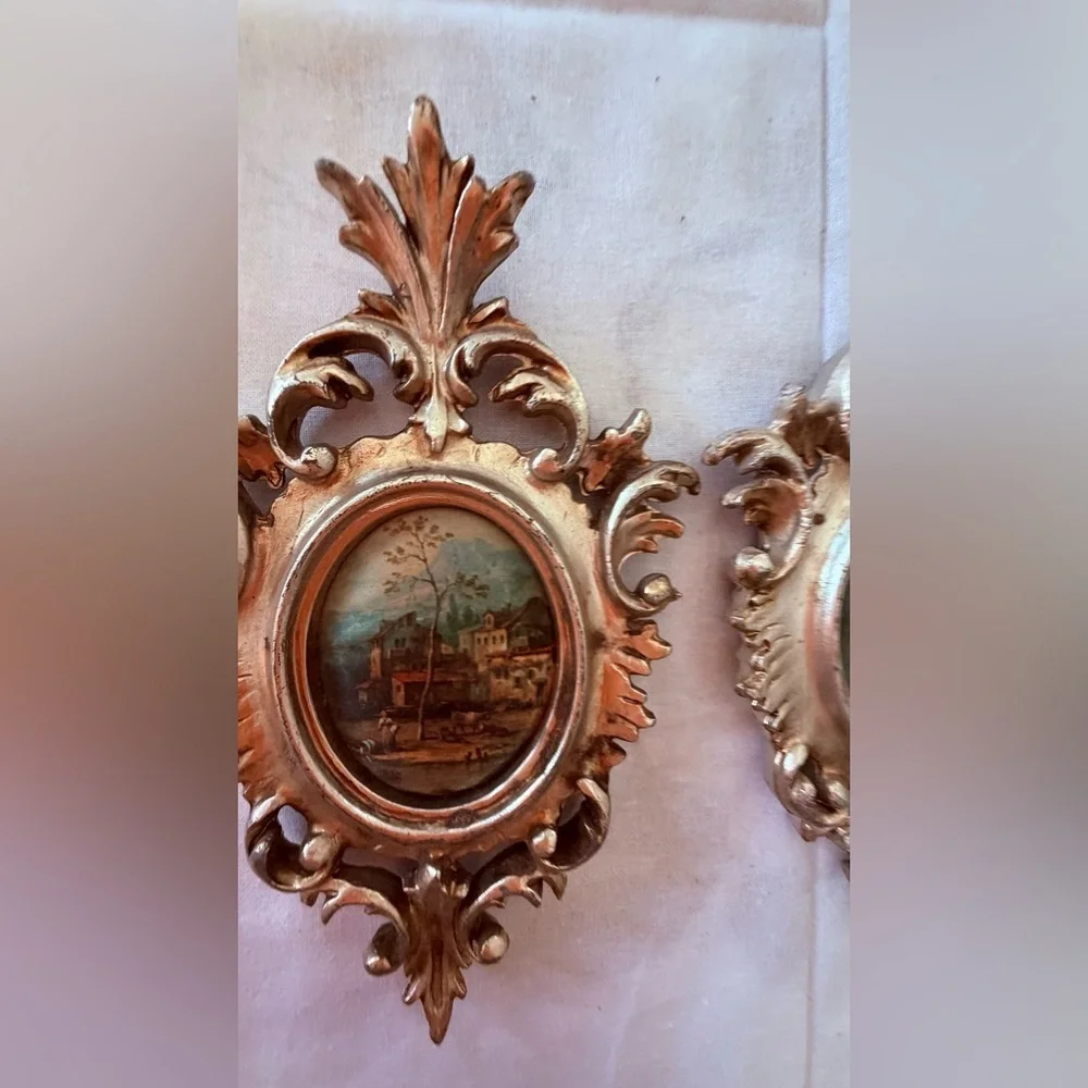 vintage Italian-style gilt gold framed silk prints